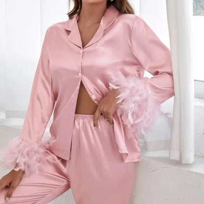 Feather 2 Piece Satin Pajamas Sleepwear