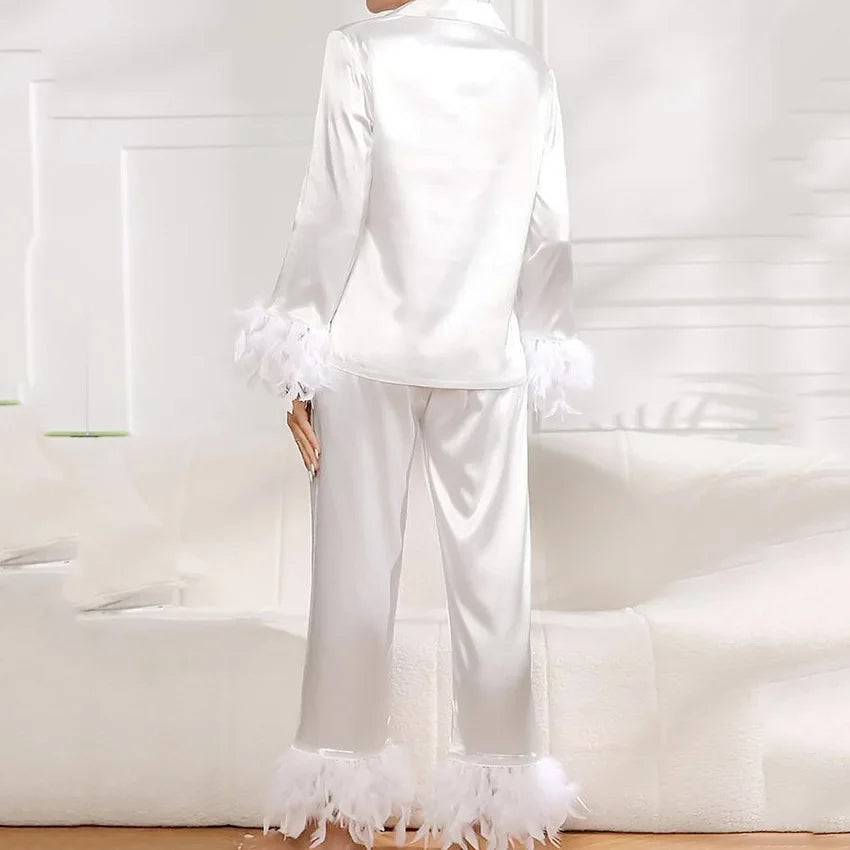 Feather 2 Piece Satin Pajamas Sleepwear