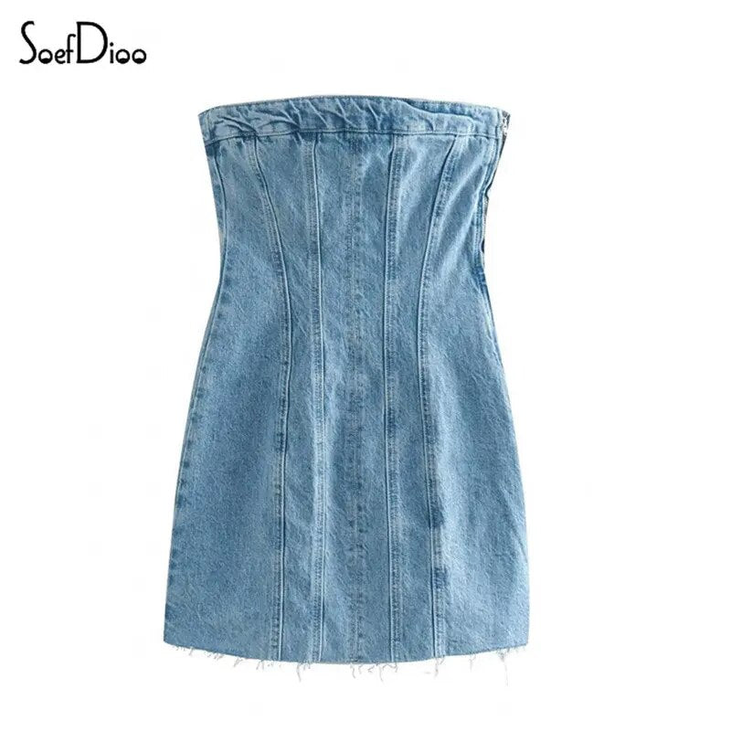 Zipper Denim Tube Top Mini Dress