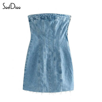 Zipper Denim Tube Top Mini Dress