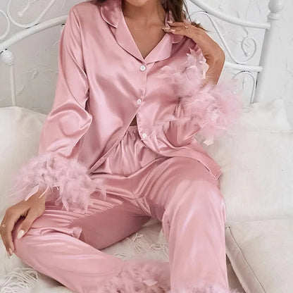 Feather 2 Piece Satin Pajamas Sleepwear