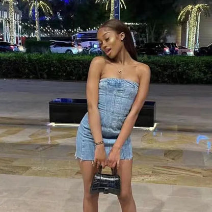 Zipper Denim Tube Top Mini Dress