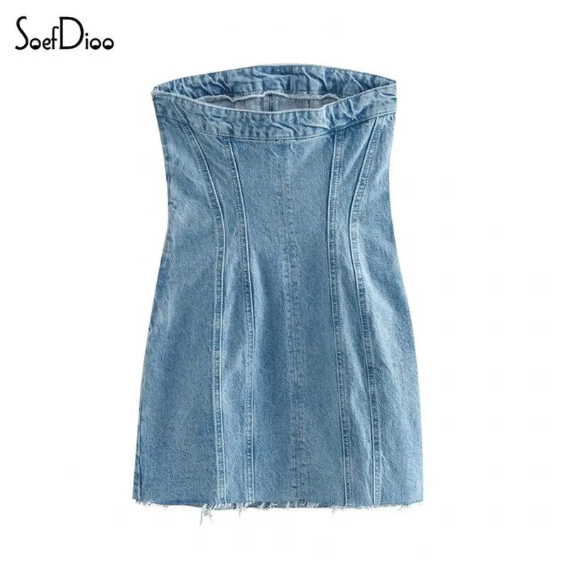 Zipper Denim Tube Top Mini Dress