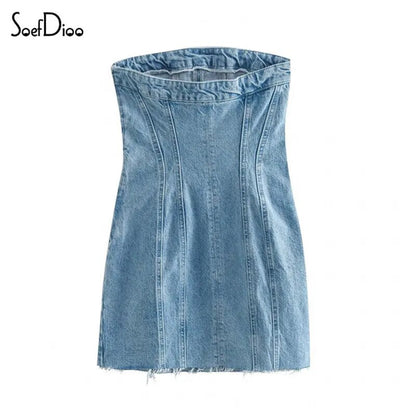 Zipper Denim Tube Top Mini Dress