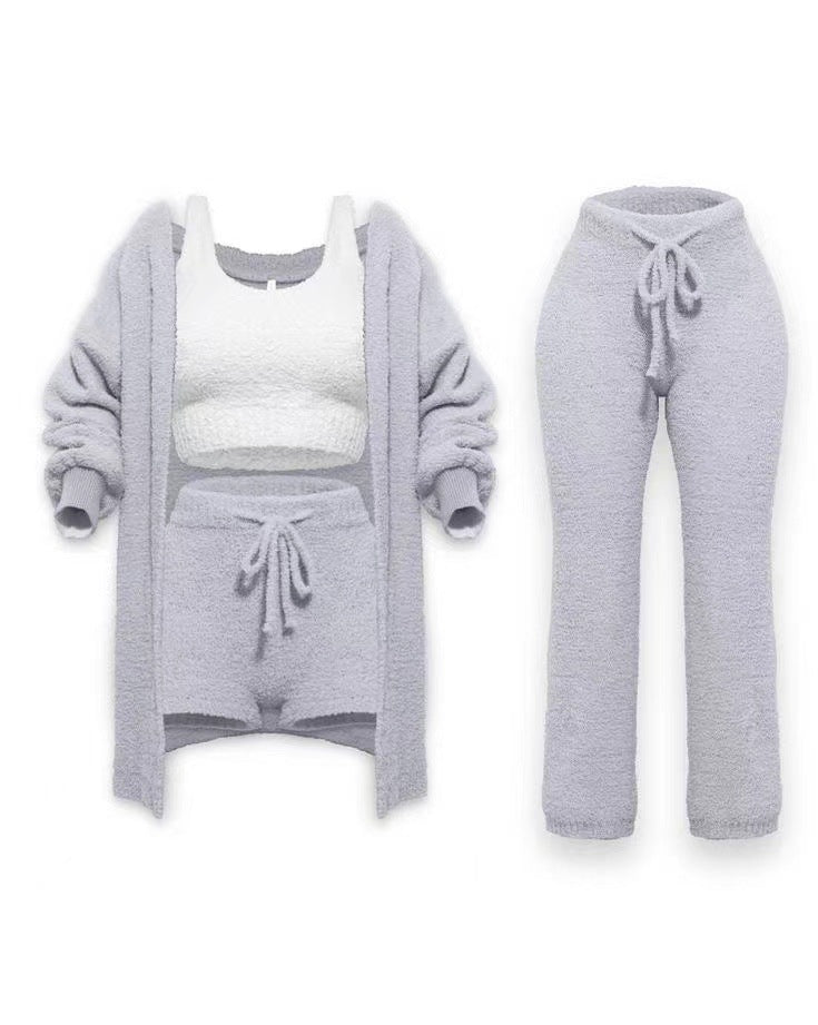 Knitted Plush Long Sleeve Coat Vest Shorts Four-piece Set