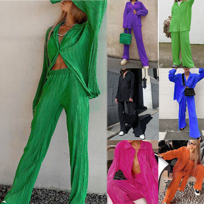Solid Drape Loose Silky Pleated Casual 2-Piece Set