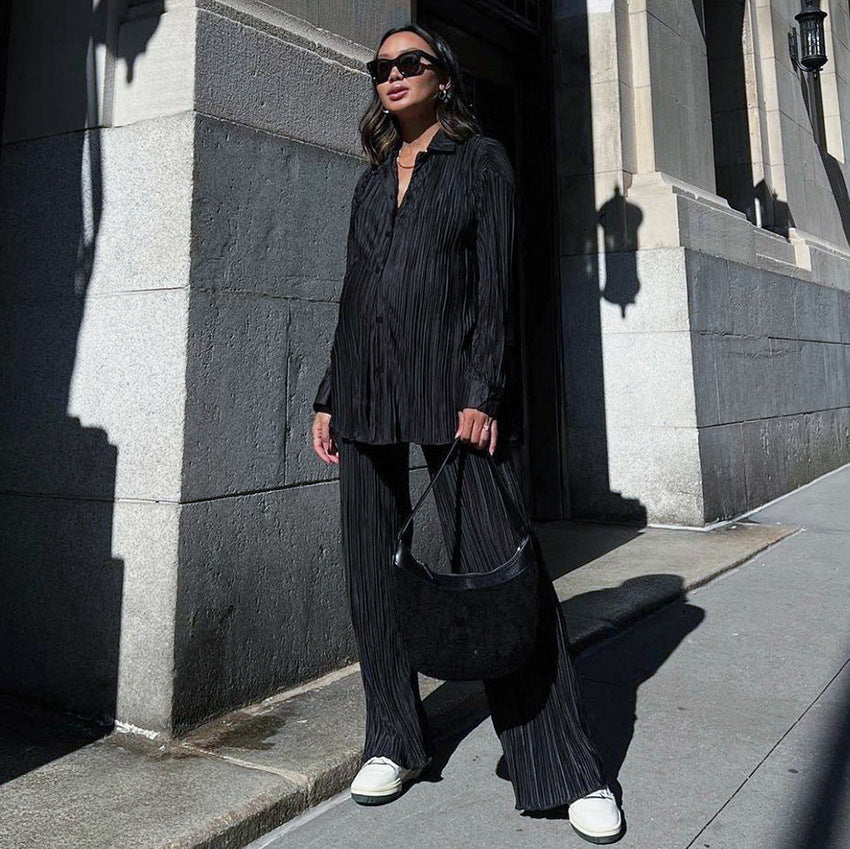 Solid Drape Loose Silky Pleated Casual 2-Piece Set
