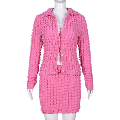 Hollow Bubble Fabric Long Sleeve Short Skirt High Elastic Two Piece Set