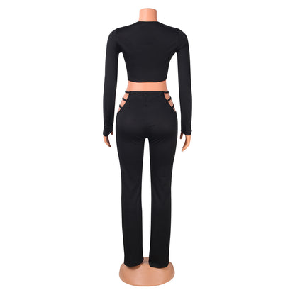 Pure Color Sexy Tight-Fitting Hollow Women Two-Piece Suit