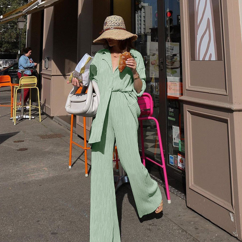 Solid Drape Loose Silky Pleated Casual 2-Piece Set