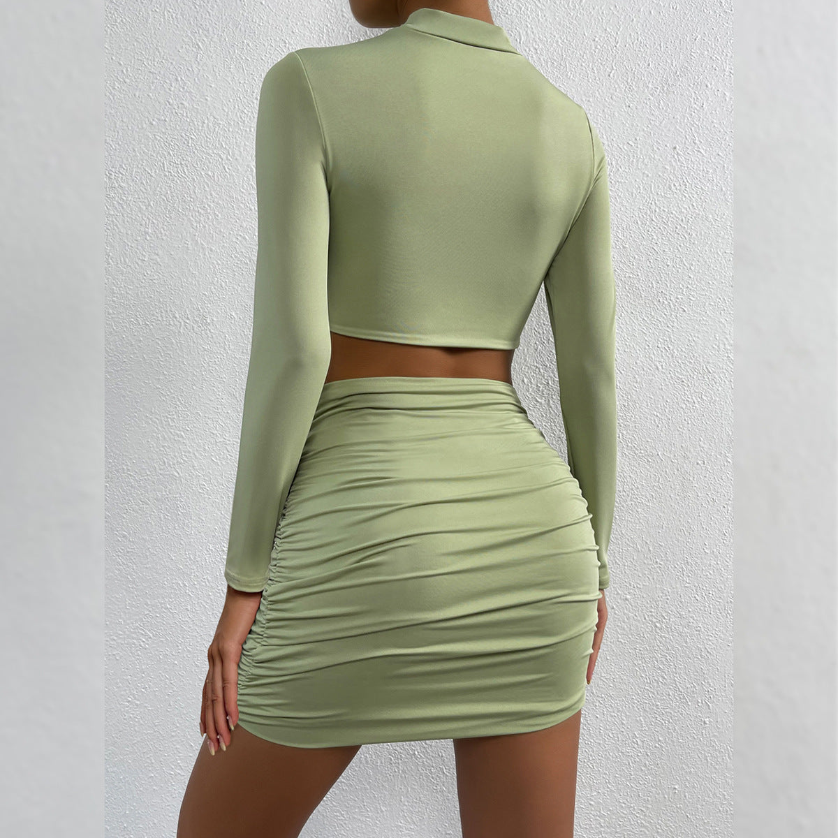 Women's Cutout Long Sleeve Pleated Cropped Navel Two-Piece Set