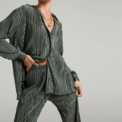 Solid Drape Loose Silky Pleated Casual 2-Piece Set