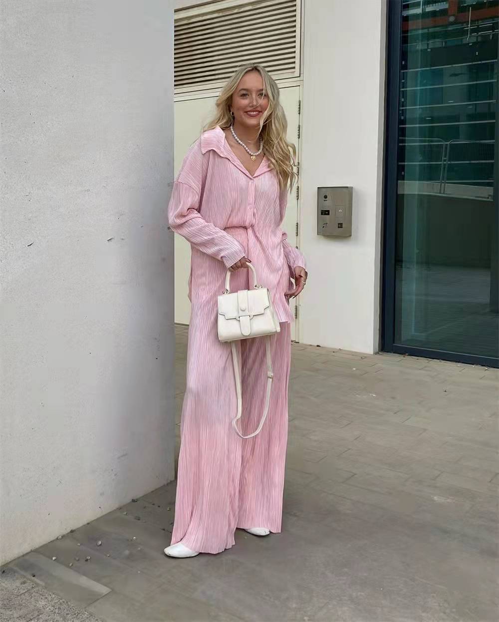 Solid Drape Loose Silky Pleated Casual 2-Piece Set