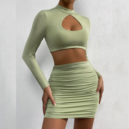 Women's Cutout Long Sleeve Pleated Cropped Navel Two-Piece Set