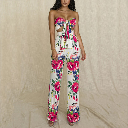 Women's Printed Lace-Up Tube Top Trousers Two-Piece Set