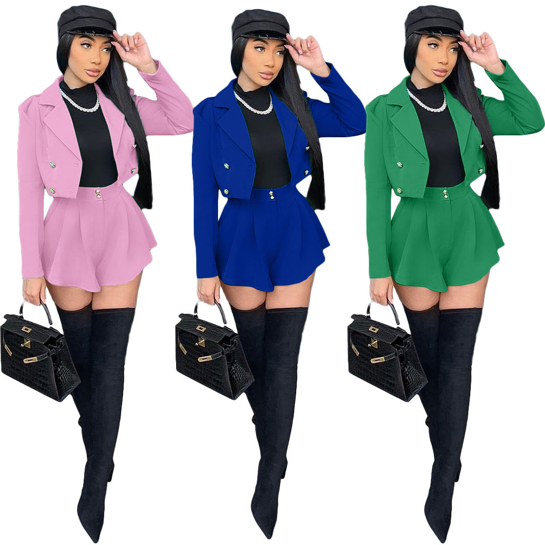 Women's Fashion Slim Solid Color Two-piece Set