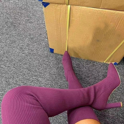 Red Over-Knee Long Stretch Knitting Winter Boots
