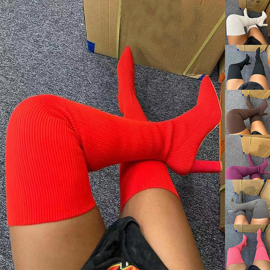 Red Over-Knee Long Stretch Knitting Winter Boots