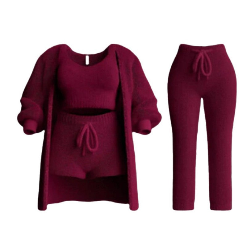 Knitted Plush Long Sleeve Coat Vest Shorts Four-piece Set