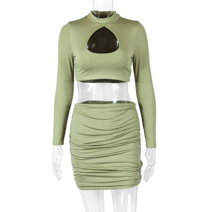 Women's Cutout Long Sleeve Pleated Cropped Navel Two-Piece Set