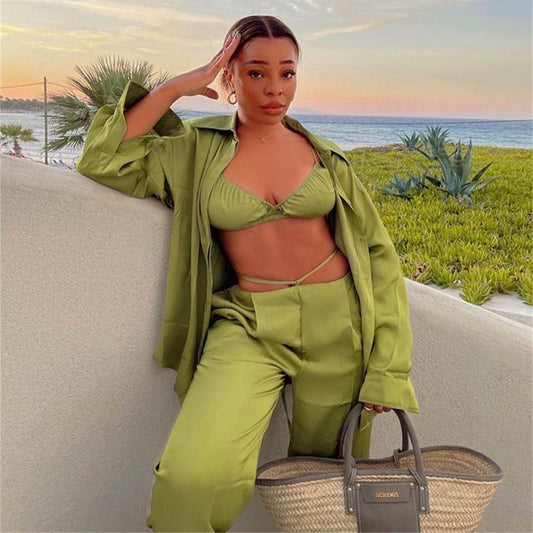 Women's New Casual Vacation Shirt Vest Straight Pants Three-piece Set