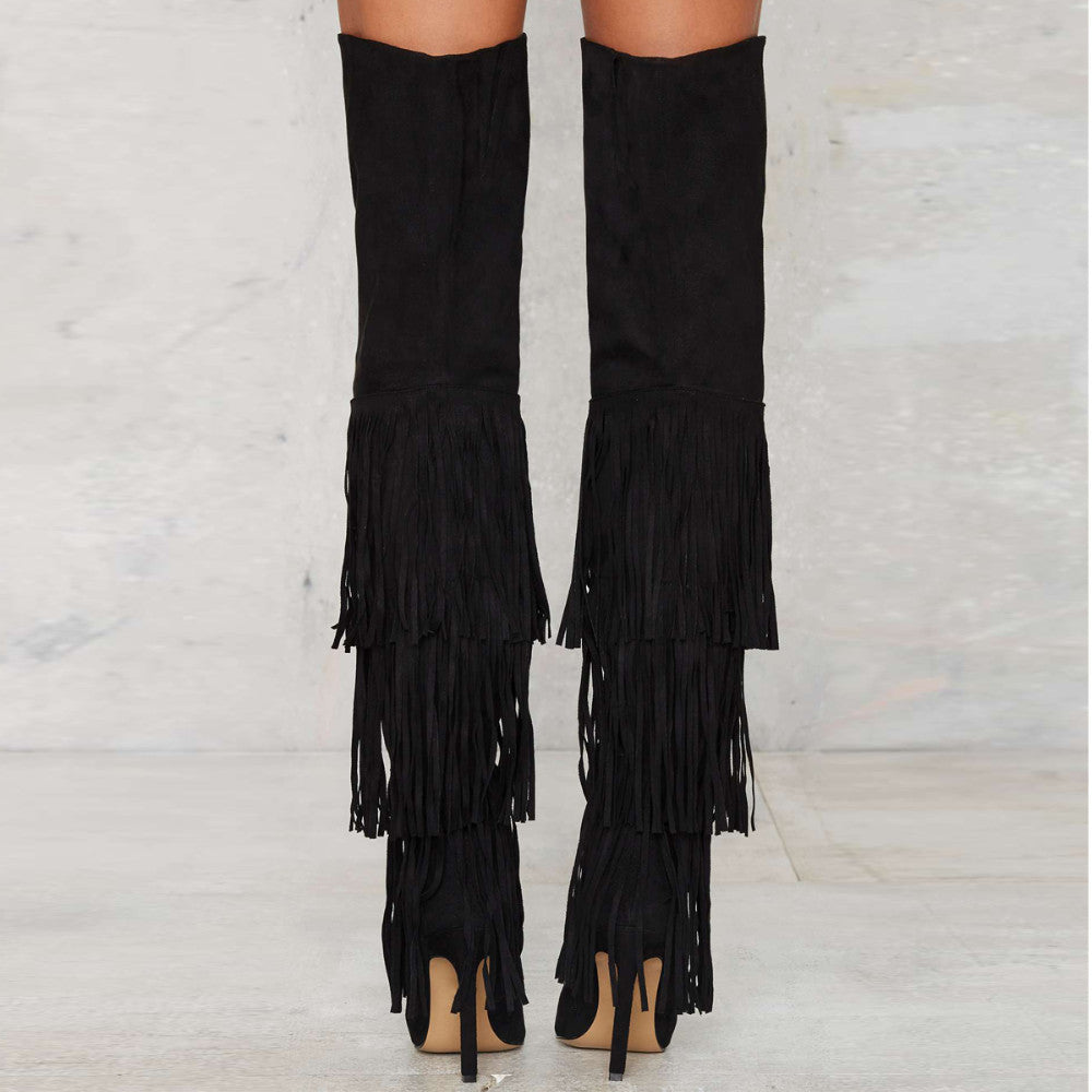 Fringed Over The Knee High Heel Boots