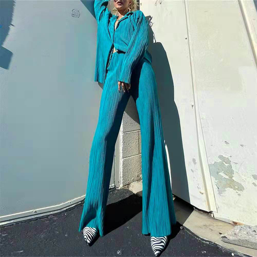 Solid Drape Loose Silky Pleated Casual 2-Piece Set