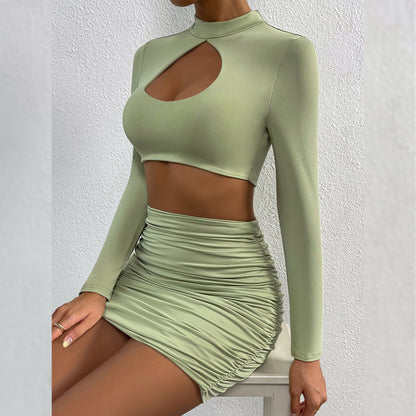 Women's Cutout Long Sleeve Pleated Cropped Navel Two-Piece Set